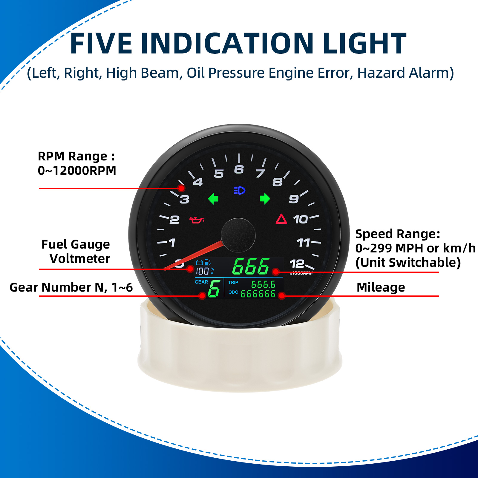 6 in 1  0-12000RPM Tachometer  - Motorcycle Gear Levels recensione e prezzo